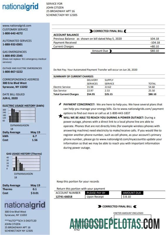 Para baixar modelo de conta de serviços públicos da rede nacional dos EUA, Nova York em formato Word e PDF